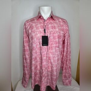 Bugatchi Size L Men's Pink Geometric Button Down Shirt